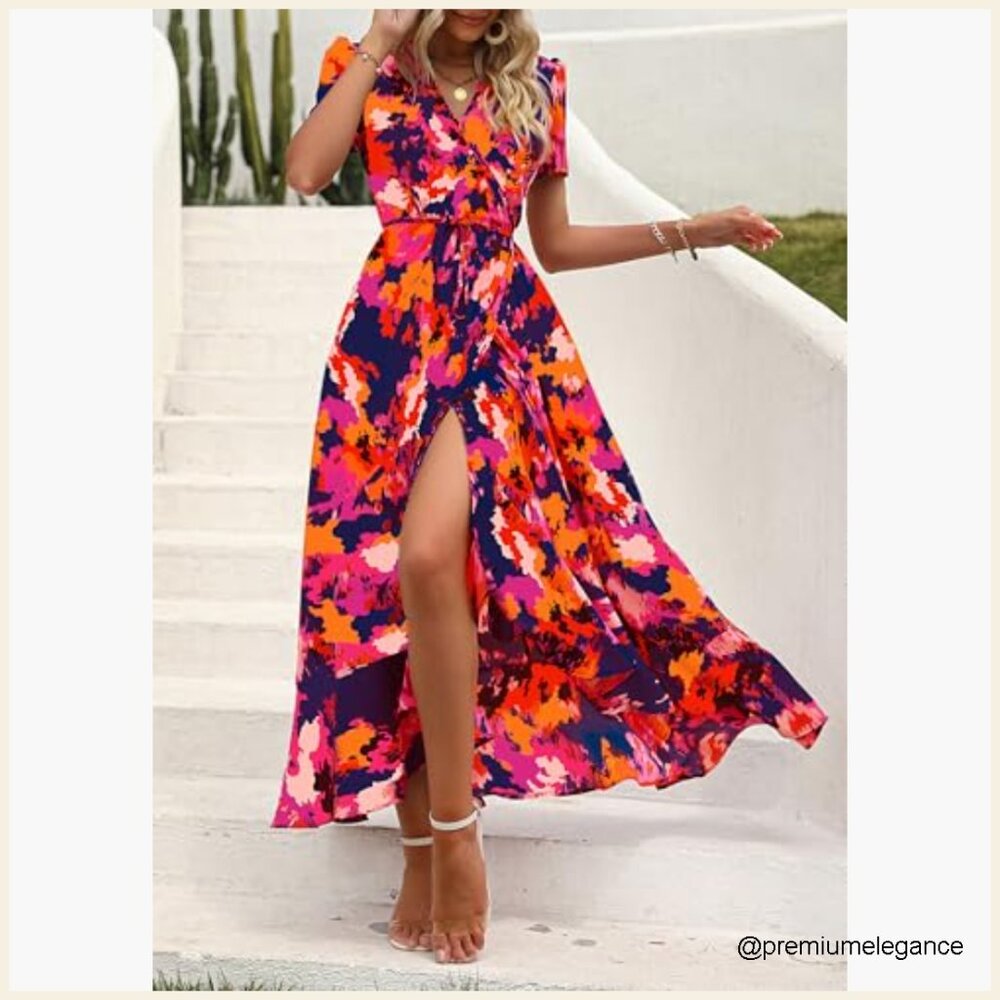 Boho Floral Maxi Dress Wrap V Neck Short Sleeve Summer Beach Wedding Guest - Picture 5 of 7